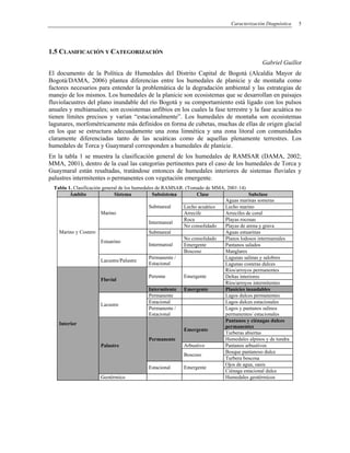 Caracterización Diagnóstica 5
1.5 CLASIFICACIÓN Y CATEGORIZACIÓN
Gabriel Guillot
El documento de la Política de Humedales del Distrito Capital de Bogotá (Alcaldía Mayor de
Bogotá/DAMA, 2006) plantea diferencias entre los humedales de planicie y de montaña como
factores necesarios para entender la problemática de la degradación ambiental y las estrategias de
manejo de los mismos. Los humedales de la planicie son ecosistemas que se desarrollan en paisajes
fluviolacustres del plano inundable del río Bogotá y su comportamiento está ligado con los pulsos
anuales y multianuales; son ecosistemas anfibios en los cuales la fase terrestre y la fase acuática no
tienen límites precisos y varían “estacionalmente”. Los humedales de montaña son ecosistemas
lagunares, morfométricamente más definidos en forma de cubetas, muchas de ellas de origen glacial
en los que se estructura adecuadamente una zona limnética y una zona litoral con comunidades
claramente diferenciadas tanto de las acuáticas como de aquellas plenamente terrestres. Los
humedales de Torca y Guaymaral corresponden a humedales de planicie.
En la tabla 1 se muestra la clasificación general de los humedales de RAMSAR (DAMA, 2002;
MMA, 2001), dentro de la cual las categorías pertinentes para el caso de los humedales de Torca y
Guaymaral están resaltadas, tratándose entonces de humedales interiores de sistemas fluviales y
palustres intermitentes o permanentes con vegetación emergente.
Tabla 1. Clasificación general de los humedales de RAMSAR. (Tomado de MMA, 2001:14)
Ámbito Sistema Subsistema Clase Subclase
Aguas marinas someras
Lecho acuático Lecho marinoSubmareal
Arrecife Arrecifes de coral
Roca Playas rocosas
Marino
Intermareal
No consolidado Playas de arena y grava
Submareal Aguas estuarinas
No consolidado Planos lodosos intermareales
Emergente Pantanos salados
Estuarino
Intermareal
Boscoso Manglares
Lagunas salinas y salobres
Marino y Costero
Lacustre/Palustre
Permanente /
Estacional Lagunas costeras dulces
Ríos/arroyos permanentes
Deltas interioresPerenne Emergente
Ríos/arroyos intermitentes
Fluvial
Intermitente Emergente Planicies inundables
Permanente Lagos dulces permanentes
Estacional Lagos dulces estacionales
Lacustre
Permanente /
Estacional
Lagos y pantanos salinos
permanentes/ estacionales
Pantanos y ciénagas dulces
permanentes
Turberas abiertas
Emergente
Humedales alpinos y de tundra
Arbustivo Pantanos arbustivos
Bosque pantanoso dulce
Permanente
Boscoso
Turbera boscosa
Ojos de agua, oasis
Palustre
Estacional Emergente
Ciénaga estacional dulce
Interior
Geotérmico Humedales geotérmicos
 