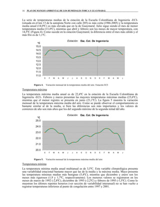 PLAN DE MANEJO AMBIENTAL DE LOS HUMEDALES TORCA Y GUAYMARAL16
La serie de temperaturas medias de la estación de la Escuela Colombiana de Ingeniería -ECI-
(situada en el km 13 de la autopista Norte con calle 205) es más corta (1986-2005) y la temperatura
media anual (14,0ºC) es más elevada que en la de Guaymaral. Julio sigue siendo el mes de menor
temperatura media (13,4ºC), mientras que abril y febrero son los meses de mayor temperatura, con
14,5ºC (Figura 4). Como sucede en la estación Guaymaral, la diferencia entre el mes más cálido y el
más frío es de 1,1ºC.
Estación: Esc. Col. De Ingeniería
11.0
11.5
12.0
12.5
13.0
13.5
14.0
14.5
15.0
E F M A M J J A S O N D E F M A M J
°C
Figura 4. Variación mensual de la temperatura media del aire. Estación ECI
Temperatura máxima
La temperatura máxima media anual es de 22,4ºC en la estación de la Escuela Colombiana de
Ingeniería -ECI-. Febrero y marzo presentan las mayores temperaturas máximas medias (23,6ºC),
mientras que el menor registro se presenta en junio (21,1ºC). La figura 5 muestra la variación
mensual de la temperatura máxima media del aire. Como se puede observar el comportamiento es
bastante similar al de la media, si bien las diferencias son más importantes y los valores de
comienzo de año son más altos que los del segundo máximo de la segunda mitad del año.
Estación: Esc. Col. De Ingeniería
20.0
21.0
22.0
23.0
24.0
25.0
E F M A M J J A S O N D E F M A M J
°C
Figura 5. Variación mensual de la temperatura máxima media del aire
Temperatura mínima
La temperatura mínima media anual multianual es de 3,5ºC. Esta variable climatológica presenta
una variabilidad estacional bastante mayor que las de la media y la máxima media. Mayo presenta
las temperatura mínimas medias más benignas (5,4ºC), mientras que diciembre y enero son los
meses más rigurosos (1,9 y 1,7ºC, respectivamente). Los menores valores se registraron en los
meses de marzo de 1992 (-2,8ºC), diciembre de 1993 (-2,2ºC) y febrero de 1995 (-1,5ºC). Como lo
muestran los últimos reportes horarios (ver sección de variabilidad interanual) no se han vuelto a
registrar temperaturas inferiores al punto de congelación entre 1997 y 2001.
 