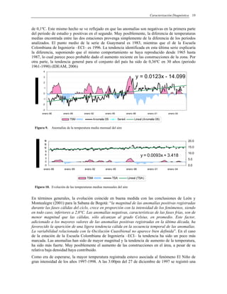 Caracterización Diagnóstica 19
de 0,1ºC. Este mismo hecho se ve reflejado en que las anomalías son negativas en la primera parte
del periodo de estudio y positivas en el segundo. Muy posiblemente, la diferencia de temperaturas
medias encontrada entre las dos estaciones provenga simplemente de la diferencia de los periodos
analizados. El punto medio de la serie de Guaymaral es 1983, mientras que el de la Escuela
Colombiana de Ingeniería –ECI– es 1996. La tendencia identificada en esta última serie explicaría
la diferencia, suponiendo que el mismo comportamiento se haya reproducido desde 1965 hasta
1987, lo cual parece poco probable dado el aumento reciente en las construcciones de la zona. Por
otra parte, la tendencia general para el conjunto del país ha sido de 0,36ºC en 30 años (periodo
1961-1990) (IDEAM, 2006)
y = 0.0123x - 14.099
-3
-2
-1
0
1
2
3
4
enero-86 enero-89 enero-92 enero-95 enero-98 enero-01 enero-04
TSM Anomalía DS Serie4 Lineal (Anomalía DS)
Figura 9. Anomalías de la temperatura media mensual del aire
y = 0.0093x + 3.418
-3
0
3
6
9
12
15
18
enero-86 enero-89 enero-92 enero-95 enero-98 enero-01 enero-04
0.0
5.0
10.0
15.0
20.0
TSM TSA Lineal (TSA)
Figura 10. Evolución de las temperaturas medias mensuales del aire
En términos generales, la evolución coincide en buena medida con las conclusiones de León y
Montealegre (2001) para la Sabana de Bogotá: “la magnitud de las anomalías positivas registradas
durante las fases cálidas del ciclo, crece en proporción con la intensidad de los fenómenos, siendo
en todo caso, inferiores a 2,0°C. Las anomalías negativas, características de las fases frías, son de
menor magnitud que las cálidas, sólo alcanzan al grado Celsius, en promedio. Este factor,
adicionado a los mayores valores de las anomalías positivas registradas en la última década, ha
favorecido la aparición de una ligera tendencia cálida en la secuencia temporal de las anomalías.
La variabilidad relacionada con la Oscilación Cuasibienal no aparece bien definida”. En el caso
de la estación de la Escuela Colombiana de Ingeniería –ECI– la tendencia ha sido un poco más
marcada. Las anomalías han sido de mayor magnitud y la tendencia de aumento de la temperatura,
ha sido más fuerte. Muy posiblemente el aumento de las construcciones en el área, a pesar de su
relativa baja densidad haya contribuido.
Como era de esperarse, la mayor temperatura registrada estuvo asociada al fenómeno El Niño de
gran intensidad de los años 1997-1998. A las 3:00pm del 27 de diciembre de 1997 se registró una
 