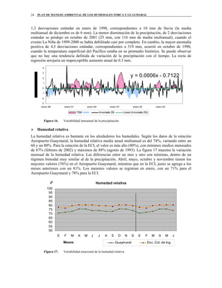 PLAN DE MANEJO AMBIENTAL DE LOS HUMEDALES TORCA Y GUAYMARAL24
1,3 desviaciones estándar en enero de 1998, correspondientes a 10 mm de lluvia (la media
multianual de diciembre es de 6 mm). La menor disminución de la precipitación, de 2 desviaciones
estándar se produjo en octubre de 2001 (25 mm, con 116 mm de media multianual), cuando el
evento La Niña de 1999-2000 se había debilitado casi por completo. En cambio, la mayor anomalía
positiva de 4,5 desviaciones estándar, correspondientes a 319 mm, ocurrió en octubre de 1990,
cuando la temperatura superficial del Pacífico estaba en su promedio histórico. Se puede observar
que no hay una tendencia definida de variación de la precipitación con el tiempo. La recta de
regresión arrojaría un imperceptible aumento anual de 0.3 mm.
y = 0.0006x - 0.7122
-3
-2
-1
0
1
2
3
4
enero-88 enero-91 enero-94 enero-97 enero-00 enero-03
TSM Anomalía DS Lineal (Anomalía DS)
Figura 16. Variabilidad interanual de la precipitación
Humedad relativa
La humedad relativa es bastante en los alrededores los humedales. Según los datos de la estación
Aeropuerto Guaymaral, la humedad relativa media anual multianual es del 74%, variando entre un
60 y un 80%. Para la estación de la ECI, el valor es más alto (80%), con mínimos medios mensuales
de 67% (febrero de 2002) y máximos de 88% (agosto de 1993). La figura 17 muestra la variación
mensual de la humedad relativa. Las diferencias entre un mes y otro son mínimas, dentro de un
régimen bimodal muy similar al de la precipitación. Abril, mayo, octubre y noviembre tienen los
mayores valores (76%) en el Aeropuerto Guaymaral, mientras que en la ECI, junio se agrega a los
meses anteriores con un 81%. Los menores valores se registran en enero, con un 71% para el
Aeropuerto Guaymaral y 78% para la ECI.
Humedad relativa
50
55
60
65
70
75
80
85
90
95
100
E F M A M J J A S O N D E F M A M J
Meses
%
Guaymaral Esc. Col. de Ing.
Figura 17. Variabilidad estacional de la humedad relativa
 