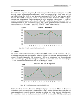 Caracterización Diagnóstica 27
Radiación solar
En la estación Aeropuerto Guaymaral, la media mensual multianual de radiación solar es de 342
Cal/cm2
, el valor máximo registrado fue de 430 Cal/cm2
y el mínimo de 239 Cal/cm2
. En la estación
de la ECI (Benavides, 2003) se han registrado valores de 3.678 W/m2
⋅h, que equivalen a 316
Cal/cm2
. En la ECI, los mayores valores se presentan en enero, diciembre, octubre y agosto,
mientras que los de menor valor se presentan en mayo, noviembre y septiembre. La figura 21
muestra la variación mensual de la radiación solar en la estación Aeropuerto Guaymaral. Enero y
febrero presentan los más altos valores (390 y 368 Cal/cm2
, respectivamente), mientras que los
mínimos ocurren en abril, mayo y junio (325, 317 y 327 Cal/cm2
respectivamente).
Estación: Guaymaral
200
240
280
320
360
400
E F M A M J J A S O N D E F M A M J
Cal/cm2
Figura 21. Variación estacional de la radiación solar
Vientos
De acuerdo con los análisis realizados por Benavides (2003) con los datos de la estación de la ECI,
el viento es bastante débil, con un valor medio de 0,6 m/s. La dirección predominante es el sur
oriente. Noviembre, diciembre (0,2 m/s), marzo y febrero se caracterizan por vientos aún más
débiles, mientras que agosto (0,9 m/s), junio y julio son los meses de vientos más fuertes (Figura
22). Los vientos tienden a ser fuertes entre las 10:00am y las 5:00pm.
Estación: Esc. Col. de Ingeniería
0.0
0.2
0.4
0.6
0.8
1.0
E F M A M J J A S O N D E F M A M J
m/s
Figura 22. Variabilidad mensual de la velocidad del viento
Del análisis de la dirección, Benavides (2003) concluye que a comienzos del día las direcciones
dominantes son el norte, nororiente y oriente (hasta 120º). A medida que transcurre el día, entre los
meses de abril y noviembre, la dirección cambia al sur oriente, para volver al oriente al final del día.
De noviembre a marzo el desplazamiento en el sentido de las manecillas del reloj aumenta y se
 