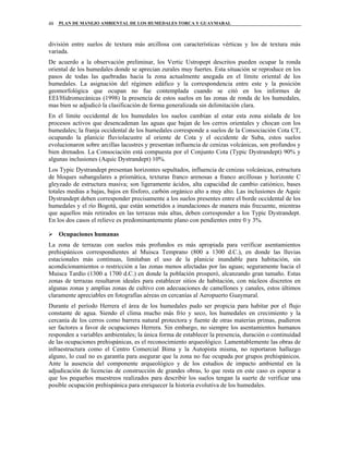 PLAN DE MANEJO AMBIENTAL DE LOS HUMEDALES TORCA Y GUAYMARAL48
división entre suelos de textura más arcillosa con características vérticas y los de textura más
variada.
De acuerdo a la observación preliminar, los Vertic Ustropept descritos pueden ocupar la ronda
oriental de los humedales donde se aprecian zurales muy fuertes. Esta situación se reproduce en los
pasos de todas las quebradas hacia la zona actualmente anegada en el límite oriental de los
humedales. La asignación del régimen edáfico y la correspondencia entre este y la posición
geomorfológica que ocupan no fue contemplada cuando se citó en los informes de
EEI/Hidromecánicas (1998) la presencia de estos suelos en las zonas de ronda de los humedales,
mas bien se adjudicó la clasificación de forma generalizada sin delimitación clara.
En el límite occidental de los humedales los suelos cambian al estar esta zona aislada de los
procesos activos que desencadenan las aguas que bajan de los cerros orientales y chocan con los
humedales; la franja occidental de los humedales corresponde a suelos de la Consociación Cota CT,
ocupando la planicie fluviolacustre al oriente de Cota y el occidente de Suba, estos suelos
evolucionaron sobre arcillas lacustres y presentan influencia de cenizas volcánicas, son profundos y
bien drenados. La Consociación está compuesta por el Conjunto Cota (Typic Dystrandept) 90% y
algunas inclusiones (Aquic Dystrandept) 10%.
Los Typic Dystrandept presentan horizontes sepultados, influencia de cenizas volcánicas, estructura
de bloques subangulares a prismática, texturas franco arenosas a franco arcillosas y horizonte C
gleyzado de estructura masiva; son ligeramente ácidos, alta capacidad de cambio catiónico, bases
totales medias a bajas, bajos en fósforo, carbón orgánico alto a muy alto. Las inclusiones de Aquic
Dystrandept deben corresponder precisamente a los suelos presentes entre el borde occidental de los
humedales y el río Bogotá, que están sometidos a inundaciones de manera más frecuente, mientras
que aquellos más retirados en las terrazas más altas, deben corresponder a los Typic Dystrandept.
En los dos casos el relieve es predominantemente plano con pendientes entre 0 y 3%.
Ocupaciones humanas
La zona de terrazas con suelos más profundos es más apropiada para verificar asentamientos
prehispánicos correspondientes al Muisca Temprano (800 a 1300 d.C.), en donde las lluvias
estacionales más continuas, limitaban el uso de la planicie inundable para habitación, sin
acondicionamientos o restricción a las zonas menos afectadas por las aguas; seguramente hacia el
Muisca Tardío (1300 a 1700 d.C.) en donde la población prosperó, alcanzando gran tamaño. Estas
zonas de terrazas resultaron ideales para establecer sitios de habitación, con núcleos discretos en
algunas zonas y amplias zonas de cultivo con adecuaciones de camellones y canales, estos últimos
claramente apreciables en fotografías aéreas en cercanías al Aeropuerto Guaymaral.
Durante el período Herrera el área de los humedales pudo ser propicia para habitar por el flujo
constante de agua. Siendo el clima mucho más frío y seco, los humedales en crecimiento y la
cercanía de los cerros como barrera natural protectora y fuente de otras materias primas, pudieron
ser factores a favor de ocupaciones Herrera. Sin embargo, no siempre los asentamientos humanos
responden a variables ambientales; la única forma de establecer la presencia, duración o continuidad
de las ocupaciones prehispánicas, es el reconocimiento arqueológico. Lamentablemente las obras de
infraestructura como el Centro Comercial Bima y la Autopista misma, no reportaron hallazgo
alguno, lo cual no es garantía para asegurar que la zona no fue ocupada por grupos prehispánicos.
Ante la ausencia del componente arqueológico y de los estudios de impacto ambiental en la
adjudicación de licencias de construcción de grandes obras, lo que resta en este caso es esperar a
que los pequeños muestreos realizados para describir los suelos tengan la suerte de verificar una
posible ocupación prehispánica para enriquecer la historia evolutiva de los humedales.
 