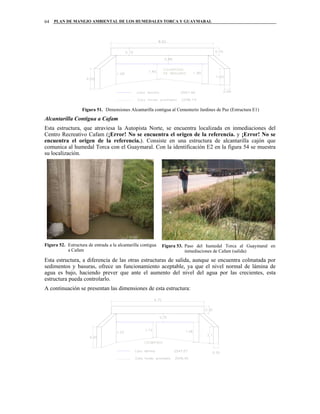 PLAN DE MANEJO AMBIENTAL DE LOS HUMEDALES TORCA Y GUAYMARAL64
Figura 51. Dimensiones Alcantarilla contigua al Cementerio Jardines de Paz (Estructura E1)
Alcantarilla Contigua a Cafam
Esta estructura, que atraviesa la Autopista Norte, se encuentra localizada en inmediaciones del
Centro Recreativo Cafam (¡Error! No se encuentra el origen de la referencia. y ¡Error! No se
encuentra el origen de la referencia.). Consiste en una estructura de alcantarilla cajón que
comunica al humedal Torca con el Guaymaral. Con la identificación E2 en la figura 54 se muestra
su localización.
Figura 52. Estructura de entrada a la alcantarilla contigua
a Cafam
Figura 53. Paso del humedal Torca al Guaymaral en
inmediaciones de Cafam (salida)
Esta estructura, a diferencia de las otras estructuras de salida, aunque se encuentra colmatada por
sedimentos y basuras, ofrece un funcionamiento aceptable, ya que el nivel normal de lámina de
agua es bajo, haciendo prever que ante el aumento del nivel del agua por las crecientes, esta
estructura pueda controlarlo.
A continuación se presentan las dimensiones de esta estructura:
 
