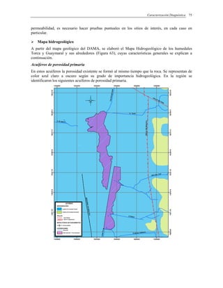 Caracterización Diagnóstica 75
permeabilidad, es necesario hacer pruebas puntuales en los sitios de interés, en cada caso en
particular.
Mapa hidrogeológico
A partir del mapa geológico del DAMA, se elaboró el Mapa Hidrogeológico de los humedales
Torca y Guaymaral y sus alrededores (Figura 63), cuyas características generales se explican a
continuación.
Acuíferos de porosidad primaria
En estos acuíferos la porosidad existente se formó al mismo tiempo que la roca. Se representan de
color azul claro a oscuro según su grado de importancia hidrogeológica. En la región se
identificaron los siguientes acuíferos de porosidad primaria.
 
