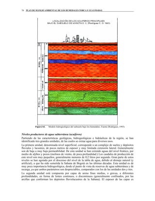 PLAN DE MANEJO AMBIENTAL DE LOS HUMEDALES TORCA Y GUAYMARAL78
Figura 64. Modelo hidrogeológico del subsuelo bajo los humedales. Fuente (Rodríguez, 1993)
Niveles productores de agua subterránea (acuíferos)
Partiendo de las características geológicas, hidrogeológicas e hidráulicas de la región, se han
identificado tres grandes unidades, de las cuales se extrae agua para diversos usos.
La primera unidad, denominada nivel superficial, corresponde a un complejo de suelos y depósitos
fluviales y lacustres, de pocos metros de espesor y muy limitada extensión lateral. Generalmente
son de baja a muy baja permeabilidad. De esta unidad se han extraído aguas del nivel freático, por
medio de aljibes y pozos (molinos de viento, de poca profundidad.) Los caudales de producción de
este nivel son muy pequeños, generalmente menores de 0,2 litros por segundo. Gran parte de estos
niveles se han agotado por el descenso del nivel de la tabla de agua, debido al drenaje natural (y
artificial), a que ha sido sometida la Sabana de Bogotá en las últimas décadas. Esta unidad es de
muy poca importancia hidrogeológica, desde el punto de vista de reservas de agua subterránea y de
recarga, ya que ambos parámetros son despreciables, comparados con los de las unidades dos y tres.
La segunda unidad está compuesta por capas de arena finas medias, o gravas, a diferentes
profundidades, en forma de lentes continuos, o discontinuos (generalmente confinados, por las
arcillas que conforman los depósitos fluviolacustres de la Sabana). El espesor de las capas es
 