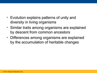 • Evolution explains patterns of unity and
diversity in living organisms
• Similar traits among organisms are explained
by descent from common ancestors
• Differences among organisms are explained
by the accumulation of heritable changes
© 2011 Pearson Education, Inc.
 
