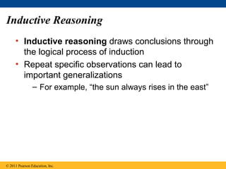 Inductive Reasoning
• Inductive reasoning draws conclusions through
the logical process of induction
• Repeat specific observations can lead to
important generalizations
– For example, “the sun always rises in the east”
© 2011 Pearson Education, Inc.
 