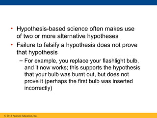 • Hypothesis-based science often makes use
of two or more alternative hypotheses
• Failure to falsify a hypothesis does not prove
that hypothesis
– For example, you replace your flashlight bulb,
and it now works; this supports the hypothesis
that your bulb was burnt out, but does not
prove it (perhaps the first bulb was inserted
incorrectly)
© 2011 Pearson Education, Inc.
 