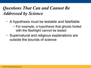 Questions That Can and Cannot Be
Addressed by Science
• A hypothesis must be testable and falsifiable
– For example, a hypothesis that ghosts fooled
with the flashlight cannot be tested
• Supernatural and religious explanations are
outside the bounds of science
© 2011 Pearson Education, Inc.
 