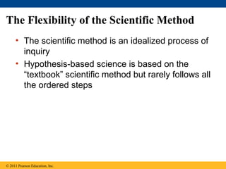 The Flexibility of the Scientific Method
• The scientific method is an idealized process of
inquiry
• Hypothesis-based science is based on the
“textbook” scientific method but rarely follows all
the ordered steps
© 2011 Pearson Education, Inc.
 