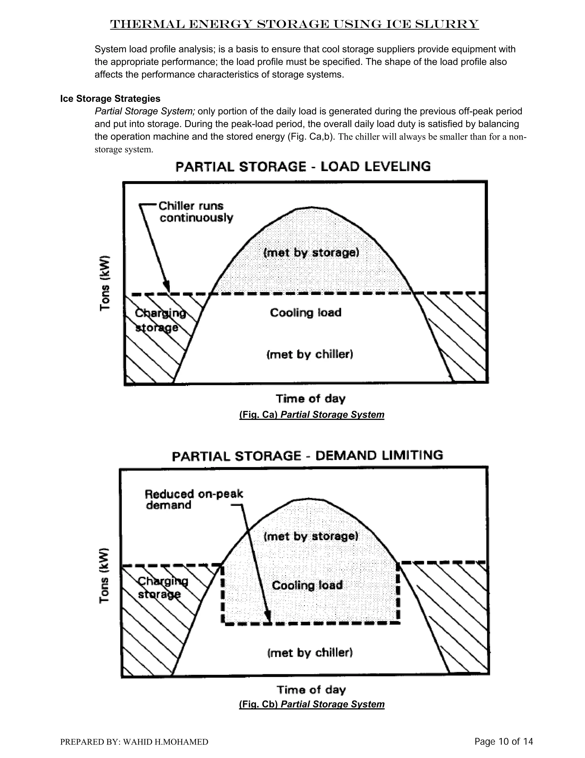 Thermal Energy Storage Using Ice Slurry
System load profile analysis; is a basis to ensure that cool storage suppliers provide equipment with
the appropriate performance; the load profile must be specified. The shape of the load profile also
affects the performance characteristics of storage systems.
Ice Storage Strategies
Partial Storage System; only portion of the daily load is generated during the previous off-peak period
and put into storage. During the peak-load period, the overall daily load duty is satisfied by balancing
the operation machine and the stored energy (Fig. Ca,b). The chiller will always be smaller than for a nonstorage system.

(Fig. Ca) Partial Storage System

(Fig. Cb) Partial Storage System

PREPARED BY: WAHID H.MOHAMED

Page 10 of 14

 