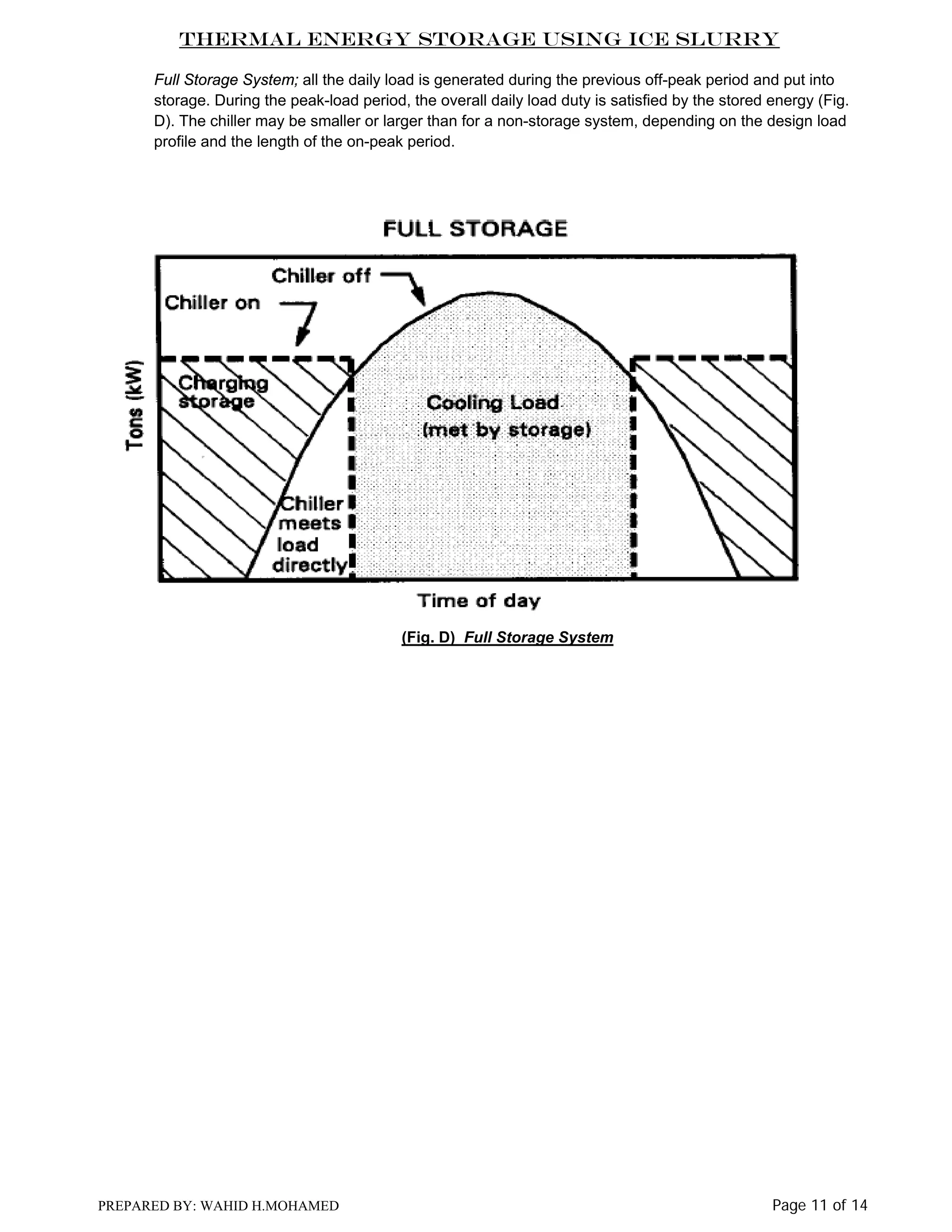 Thermal Energy Storage Using Ice Slurry
Full Storage System; all the daily load is generated during the previous off-peak period and put into
storage. During the peak-load period, the overall daily load duty is satisfied by the stored energy (Fig.
D). The chiller may be smaller or larger than for a non-storage system, depending on the design load
profile and the length of the on-peak period.

(Fig. D) Full Storage System

PREPARED BY: WAHID H.MOHAMED

Page 11 of 14

 