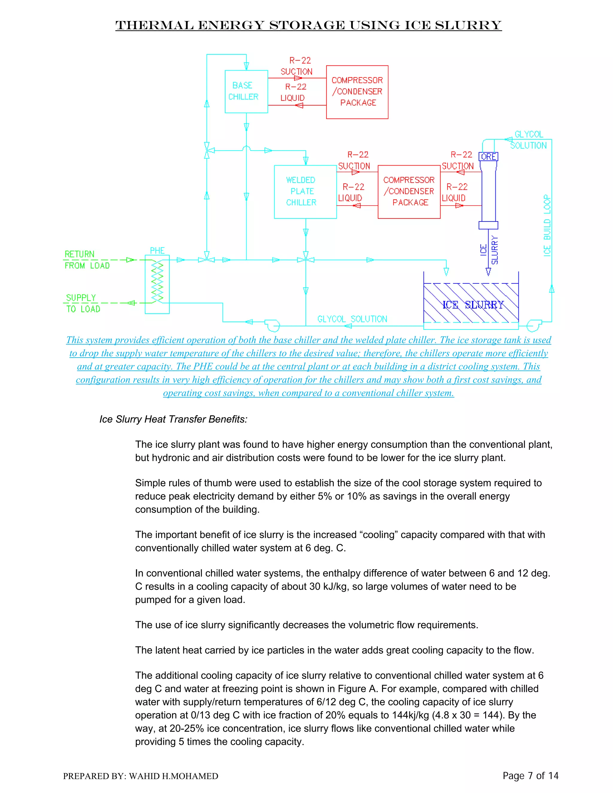 Thermal Energy Storage Using Ice Slurry

This system provides efficient operation of both the base chiller and the welded plate chiller. The ice storage tank is used
to drop the supply water temperature of the chillers to the desired value; therefore, the chillers operate more efficiently
and at greater capacity. The PHE could be at the central plant or at each building in a district cooling system. This
configuration results in very high efficiency of operation for the chillers and may show both a first cost savings, and
operating cost savings, when compared to a conventional chiller system.
Ice Slurry Heat Transfer Benefits:
The ice slurry plant was found to have higher energy consumption than the conventional plant,
but hydronic and air distribution costs were found to be lower for the ice slurry plant.
Simple rules of thumb were used to establish the size of the cool storage system required to
reduce peak electricity demand by either 5% or 10% as savings in the overall energy
consumption of the building.
The important benefit of ice slurry is the increased “cooling” capacity compared with that with
conventionally chilled water system at 6 deg. C.
In conventional chilled water systems, the enthalpy difference of water between 6 and 12 deg.
C results in a cooling capacity of about 30 kJ/kg, so large volumes of water need to be
pumped for a given load.
The use of ice slurry significantly decreases the volumetric flow requirements.
The latent heat carried by ice particles in the water adds great cooling capacity to the flow.
The additional cooling capacity of ice slurry relative to conventional chilled water system at 6
deg C and water at freezing point is shown in Figure A. For example, compared with chilled
water with supply/return temperatures of 6/12 deg C, the cooling capacity of ice slurry
operation at 0/13 deg C with ice fraction of 20% equals to 144kj/kg (4.8 x 30 = 144). By the
way, at 20-25% ice concentration, ice slurry flows like conventional chilled water while
providing 5 times the cooling capacity.

PREPARED BY: WAHID H.MOHAMED

Page 7 of 14

 