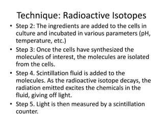 Technique: Radioactive Isotopes
• Step 2: The ingredients are added to the cells in
culture and incubated in various parameters (pH,
temperature, etc.)
• Step 3: Once the cells have synthesized the
molecules of interest, the molecules are isolated
from the cells.
• Step 4. Scintillation fluid is added to the
molecules. As the radioactive isotope decays, the
radiation emitted excites the chemicals in the
fluid, giving off light.
• Step 5. Light is then measured by a scintillation
counter.
 