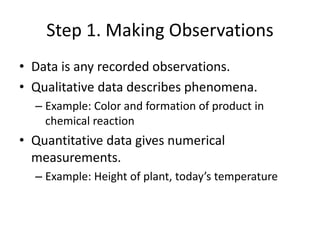 Step 1. Making Observations
• Data is any recorded observations.
• Qualitative data describes phenomena.
– Example: Color and formation of product in
chemical reaction
• Quantitative data gives numerical
measurements.
– Example: Height of plant, today’s temperature
 
