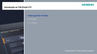 © Siemens AG 2011. Todos os direitos reservados.
Live-Demo
TIA Portal
Visão geral do Produto
Introdução ao TIA Portal V11