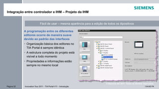 I IA AS FAPágina 22 Innovation Tour 2011 - TIA Portal V11 - Introdução
© Siemens AG 2011. Todos os direitos reservados.
Integração entre controlador e IHM – Projeto da IHM
A programação entre os diferentes
editores ocorre de maneira suave
devido ao padrão das interfaces
Organização básica dos editores no
TIA Portal é sempre idêntica
A estrutura completa do projeto está
visível a todo momento
Propriedades e informações estão
sempre no mesmo local
Fácil de usar – mesma aparência para a edição de todos os dipositivos