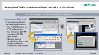 I IA AS FAPágina 28 Innovation Tour 2011 - TIA Portal V11 - Introdução
© Siemens AG 2011. Todos os direitos reservados.
Simulação no TIA Portal – mesmo ambiente para todos os dispositivos
Simulação no TIA Portal:
O simulador apropriado
será executado quando:
Ex: PLCSIM quando um
PLC é selecionado
Ex: Simulação de IHM
quando uma IHM é
selecionada
No caso de uma
simulação de IHM, a tela
desejada pode ser
selecionada diretamente
Início da simulação – um botão para todos os dispositivos