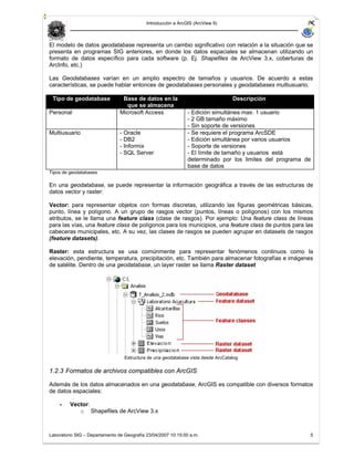 Introducción a ArcGIS (ArcView 9)



El modelo de datos geodatabase representa un cambio significativo con relación a la situación que se
presenta en programas SIG anteriores, en donde los datos espaciales se almacenan utilizando un
formato de datos específico para cada software (p. Ej. Shapefiles de ArcView 3.x, coberturas de
ArcInfo, etc.)

Las Geodatabases varían en un amplio espectro de tamaños y usuarios. De acuerdo a estas
características, se puede hablar entonces de geodatabases personales y geodatabases multiusuario.

 Tipo de geodatabase             Base de datos en la                               Descripción
                                  que se almacena
Personal                        Microsoft Access               - Edición simultánea max. 1 usuario
                                                               - 2 GB tamaño máximo
                                                               - Sin soporte de versiones
Multiusuario                    - Oracle                       - Se requiere el programa ArcSDE
                                - DB2                          - Edición simultánea por varios usuarios
                                - Informix                     - Soporte de versiones
                                - SQL Server                   - El límite de tamaño y usuarios está
                                                               determinado por los limites del programa de
                                                               base de datos
Tipos de geodatabases

En una geodatabase, se puede representar la información geográfica a través de las estructuras de
datos vector y raster:

Vector: para representar objetos con formas discretas, utilizando las figuras geométricas básicas,
punto, línea y polígono. A un grupo de rasgos vector (puntos, líneas o polígonos) con los mismos
atributos, se le llama una feature class (clase de rasgos). Por ejemplo: Una feature class de líneas
para las vías, una feature class de polígonos para los municipios, una feature class de puntos para las
cabeceras municipales, etc. A su vez, las clases de rasgos se pueden agrupar en datasets de rasgos
(feature datasets).

Raster: esta estructura se usa comúnmente para representar fenómenos continuos como la
elevación, pendiente, temperatura, precipitación, etc. También para almacenar fotografías e imágenes
de satélite. Dentro de una geodatabase, un layer raster se llama Raster dataset




                                  Estructura de una geodatabase vista desde ArcCatalog

1.2.3 Formatos de archivos compatibles con ArcGIS

Además de los datos almacenados en una geodatabase, ArcGIS es compatible con diversos formatos
de datos espaciales:

    -    Vector:
            o Shapefiles de ArcView 3.x



Laboratorio SIG – Departamento de Geografía 23/04/2007 10:15:00 a.m.                                     5
 