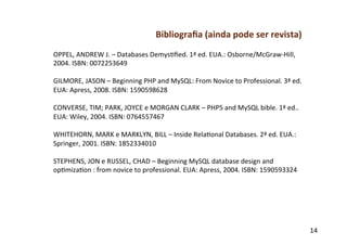 Bibliograﬁa	
  (ainda	
  pode	
  ser	
  revista)	
  
OPPEL,	
  ANDREW	
  J.	
  –	
  Databases	
  Demysgﬁed.	
  1ª	
  ed.	
  EUA.:	
  Osborne/McGraw-­‐Hill,	
  
2004.	
  ISBN:	
  0072253649	
  
	
  
GILMORE,	
  JASON	
  –	
  Beginning	
  PHP	
  and	
  MySQL:	
  From	
  Novice	
  to	
  Professional.	
  3ª	
  ed.	
  
EUA:	
  Apress,	
  2008.	
  ISBN:	
  1590598628	
  
	
  
CONVERSE,	
  TIM;	
  PARK,	
  JOYCE	
  e	
  MORGAN	
  CLARK	
  –	
  PHP5	
  and	
  MySQL	
  bible.	
  1ª	
  ed..	
  
EUA:	
  Wiley,	
  2004.	
  ISBN:	
  0764557467	
  
	
  
WHITEHORN,	
  MARK	
  e	
  MARKLYN,	
  BILL	
  –	
  Inside	
  Relagonal	
  Databases.	
  2ª	
  ed.	
  EUA.:	
  
Springer,	
  2001.	
  ISBN:	
  1852334010	
  
	
  
STEPHENS,	
  JON	
  e	
  RUSSEL,	
  CHAD	
  –	
  Beginning	
  MySQL	
  database	
  design	
  and	
  
opgmizagon	
  :	
  from	
  novice	
  to	
  professional.	
  EUA:	
  Apress,	
  2004.	
  ISBN:	
  1590593324	
  




                                                                                                                        14	
  
 