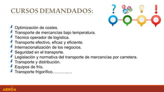 Optimización de costes.
Transporte de mercancías bajo temperatura.
Técnico operador de logística.
Transporte efectivo, eficaz y eficiente.
Internacionalización de los negocios.
Seguridad en el transporte.
Legislación y normativa del transporte de mercancías por carretera.
Transporte y distribución.
Equipos de frío.
Transporte frigorífico.………..…
 