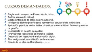 Reglamento europeo de Protección de datos.
Auditor interno de calidad.
Gestión integrada de proyectos innovadores.
Inteligencia tecnológica y diseño normativo al servicio de la innovación.
Aplicación prácticas de las tablas dinámicas a contabilidad, finanzas y control
de gestión.
Especialista en gestión de calidad.
Innovaciones legislativas en material laboral.
Desarrollo del negocio y transformación digital.
Plan de igualdad y conciliación en la empresa.
Diseño de un plan de Compliance.……....
 