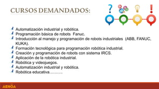 Automatización industrial y robótica.
Programación básica de robots Fanuc.
Introducción al manejo y programación de robots industriales (ABB, FANUC,
KUKA).
Formación tecnológica para programación robótica industrial.
Creación y programación de robots con sistema IRCS.
Aplicación de la robótica industrial.
Robótica y videojuegos.
Automatización industrial y robótica.
Robótica educativa……….
 