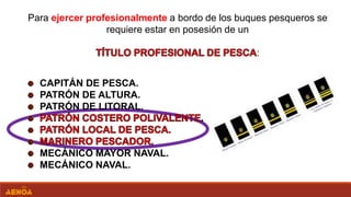 Para ejercer profesionalmente a bordo de los buques pesqueros se
requiere estar en posesión de un
:
CAPITÁN DE PESCA.
PATRÓN DE ALTURA.
PATRÓN DE LITORAL.
MECÁNICO MAYOR NAVAL.
MECÁNICO NAVAL.
 