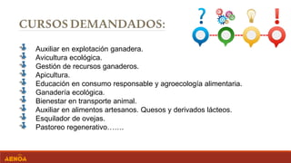 Auxiliar en explotación ganadera.
Avicultura ecológica.
Gestión de recursos ganaderos.
Apicultura.
Educación en consumo responsable y agroecología alimentaria.
Ganadería ecológica.
Bienestar en transporte animal.
Auxiliar en alimentos artesanos. Quesos y derivados lácteos.
Esquilador de ovejas.
Pastoreo regenerativo…….
 