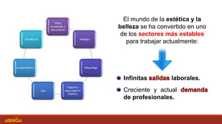 El mundo de la estética y la
belleza se ha convertido en uno
de los sectores más estables
para trabajar actualmente:
Infinitas laborales.
Creciente y actual
de profesionales.
 