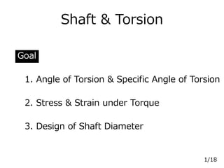 Shaft & Torsion
1. Angle of Torsion & Specific Angle of Torsion
2. Stress & Strain under Torque
3. Design of Shaft Diameter
Goal
1/18
 