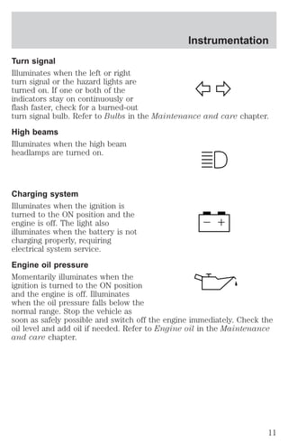 Instrumentation 
Turn signal 
Illuminates when the left or right 
turn signal or the hazard lights are 
turned on. If one or both of the 
indicators stay on continuously or 
flash faster, check for a burned-out 
turn signal bulb. Refer to Bulbs in the Maintenance and care chapter. 
High beams 
Illuminates when the high beam 
headlamps are turned on. 
Charging system 
Illuminates when the ignition is 
turned to the ON position and the 
engine is off. The light also 
illuminates when the battery is not 
charging properly, requiring 
electrical system service. 
Engine oil pressure 
Momentarily illuminates when the 
ignition is turned to the ON position 
and the engine is off. Illuminates 
when the oil pressure falls below the 
normal range. Stop the vehicle as 
soon as safely possible and switch off the engine immediately. Check the 
oil level and add oil if needed. Refer to Engine oil in the Maintenance 
and care chapter. 
11 
 