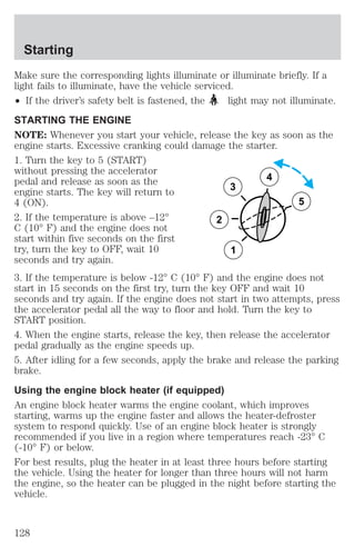 Make sure the corresponding lights illuminate or illuminate briefly. If a 
light fails to illuminate, have the vehicle serviced. 
² If the driver’s safety belt is fastened, the light may not illuminate. 
STARTING THE ENGINE 
NOTE: Whenever you start your vehicle, release the key as soon as the 
engine starts. Excessive cranking could damage the starter. 
1. Turn the key to 5 (START) 
without pressing the accelerator 
pedal and release as soon as the 
4 
engine starts. The key will return to 
3 
4 (ON). 
5 
2. If the temperature is above –12° 
2 
C (10° F) and the engine does not 
start within five seconds on the first 
try, turn the key to OFF, wait 10 
1 
seconds and try again. 
3. If the temperature is below -12° C (10° F) and the engine does not 
start in 15 seconds on the first try, turn the key OFF and wait 10 
seconds and try again. If the engine does not start in two attempts, press 
the accelerator pedal all the way to floor and hold. Turn the key to 
START position. 
4. When the engine starts, release the key, then release the accelerator 
pedal gradually as the engine speeds up. 
5. After idling for a few seconds, apply the brake and release the parking 
brake. 
Using the engine block heater (if equipped) 
An engine block heater warms the engine coolant, which improves 
starting, warms up the engine faster and allows the heater-defroster 
system to respond quickly. Use of an engine block heater is strongly 
recommended if you live in a region where temperatures reach -23° C 
(-10° F) or below. 
For best results, plug the heater in at least three hours before starting 
the vehicle. Using the heater for longer than three hours will not harm 
the engine, so the heater can be plugged in the night before starting the 
vehicle. 
Starting 
128 
 