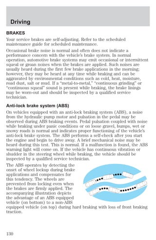 Driving 
BRAKES 
Your service brakes are self-adjusting. Refer to the scheduled 
maintenance guide for scheduled maintenance. 
Occasional brake noise is normal and often does not indicate a 
performance concern with the vehicle’s brake system. In normal 
operation, automotive brake systems may emit occasional or intermittent 
squeal or groan noises when the brakes are applied. Such noises are 
usually heard during the first few brake applications in the morning; 
however, they may be heard at any time while braking and can be 
aggravated by environmental conditions such as cold, heat, moisture, 
road dust, salt or mud. If a “metal-to-metal,” “continuous grinding” or 
“continuous squeal” sound is present while braking, the brake linings 
may be worn-out and should be inspected by a qualified service 
technician. 
Anti-lock brake system (ABS) 
On vehicles equipped with an anti-lock braking system (ABS), a noise 
from the hydraulic pump motor and pulsation in the pedal may be 
observed during ABS braking events. Pedal pulsation coupled with noise 
while braking under panic conditions or on loose gravel, bumps, wet or 
snowy roads is normal and indicates proper functioning of the vehicle’s 
anti-lock brake system. The ABS performs a self-check after you start 
the engine and begin to drive away. A brief mechanical noise may be 
heard during this test. This is normal. If a malfunction is found, the ABS 
warning light will come on. If the vehicle has continuous vibration or 
shudder in the steering wheel while braking, the vehicle should be 
inspected by a qualified service technician. 
The ABS operates by detecting the 
onset of wheel lockup during brake 
applications and compensates for 
this tendency. The wheels are 
prevented from locking even when 
the brakes are firmly applied. The 
accompanying illustration depicts 
the advantage of an ABS equipped 
vehicle (on bottom) to a non-ABS 
equipped vehicle (on top) during hard braking with loss of front braking 
traction. 
130 
 