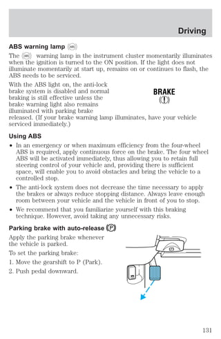 ABS warning lamp ABS 
The ABS warning lamp in the instrument cluster momentarily illuminates 
when the ignition is turned to the ON position. If the light does not 
illuminate momentarily at start up, remains on or continues to flash, the 
ABS needs to be serviced. 
With the ABS light on, the anti-lock 
brake system is disabled and normal 
BRAKE 
braking is still effective unless the 
! 
brake warning light also remains 
illuminated with parking brake 
released. (If your brake warning lamp illuminates, have your vehicle 
serviced immediately.) 
Using ABS 
² In an emergency or when maximum efficiency from the four-wheel 
ABS is required, apply continuous force on the brake. The four wheel 
ABS will be activated immediately, thus allowing you to retain full 
steering control of your vehicle and, providing there is sufficient 
space, will enable you to avoid obstacles and bring the vehicle to a 
controlled stop. 
² The anti-lock system does not decrease the time necessary to apply 
the brakes or always reduce stopping distance. Always leave enough 
room between your vehicle and the vehicle in front of you to stop. 
² We recommend that you familiarize yourself with this braking 
technique. However, avoid taking any unnecessary risks. 
Parking brake with auto-release 
Apply the parking brake whenever 
the vehicle is parked. 
To set the parking brake: 
1. Move the gearshift to P (Park). 
2. Push pedal downward. 
HOOD 
Driving 
131 
 