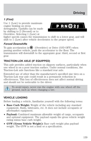 1 (First) 
Use 1 (Low) to provide maximum 
engine braking on steep 
downgrades. Upshifts can be made 
by shifting to 2 (Second) or to 
Overdrive. Selecting 1 (Low) at 
higher speeds causes the transmission to shift to a lower gear, and will 
shift to 1 (Low) after vehicle decelerates to the proper speed. 
Forced Downshifts 
To gain accelaration in (Overdrive) or Drive (O/D OFF) when 
passing another vehicle, push the accelerator to the floor. The 
transmission will downshift to the appropiate gear: third, second or first 
gear. 
TRACTION-LOK AXLE (IF EQUIPPED) 
This axle provides added traction on slippery surfaces, particularly when 
one wheel is on a poor traction surface. Under normal conditions, the 
Traction-Lok axle functions like a standard rear axle. 
Extended use of other than the manufacturer’s specified size tires on a 
Traction-Lok rear axle could result in a permanent reduction in 
effectiveness. This loss of effectiveness does not affect normal driving 
and should not be noticeable to the driver. 
To avoid injury, never run the engine with one wheel off the 
ground, such as when changing a tire. 
VEHICLE LOADING 
Before loading a vehicle, familiarize yourself with the following terms: 
² Base Curb Weight: Weight of the vehicle including any standard 
equipment, fluids, lubricants, etc. It does not include occupants or 
aftermarket equipment. 
² Payload: Combined maximum allowable weight of cargo, occupants 
and optional equipment. The payload equals the gross vehicle weight 
rating minus base curb weight. 
² GVW (Gross Vehicle Weight): Base curb weight plus payload 
weight. The GVW is not a limit or a specification. 
Driving 
139 
 