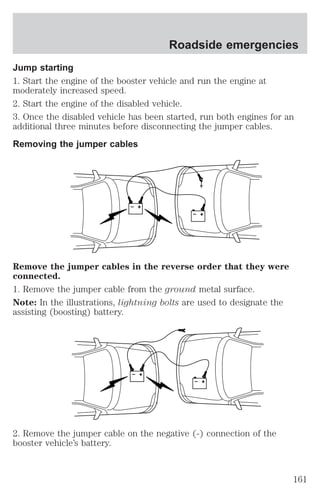 Roadside emergencies 
Jump starting 
1. Start the engine of the booster vehicle and run the engine at 
moderately increased speed. 
2. Start the engine of the disabled vehicle. 
3. Once the disabled vehicle has been started, run both engines for an 
additional three minutes before disconnecting the jumper cables. 
Removing the jumper cables 
+ 
– 
+ 
– 
Remove the jumper cables in the reverse order that they were 
connected. 
1. Remove the jumper cable from the ground metal surface. 
Note: In the illustrations, lightning bolts are used to designate the 
assisting (boosting) battery. 
+ 
– 
+ 
– 
2. Remove the jumper cable on the negative (-) connection of the 
booster vehicle’s battery. 
161 
 