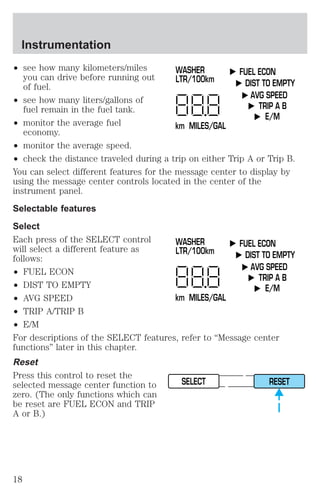 ² see how many kilometers/miles 
you can drive before running out 
of fuel. 
² see how many liters/gallons of 
fuel remain in the fuel tank. 
² monitor the average fuel 
economy. 
FUEL ECON 
DIST TO EMPTY 
AVG SPEED 
TRIP A B 
E/M 
WASHER 
LTR/100km 
km MILES/GAL 
² monitor the average speed. 
² check the distance traveled during a trip on either Trip A or Trip B. 
You can select different features for the message center to display by 
using the message center controls located in the center of the 
instrument panel. 
Selectable features 
Select 
Each press of the SELECT control 
WASHER 
FUEL ECON 
will select a different feature as 
LTR/100km 
follows: 
DIST TO EMPTY 
² FUEL ECON 
AVG SPEED 
TRIP A B 
² DIST TO EMPTY 
E/M 
² AVG SPEED 
km MILES/GAL 
² TRIP A/TRIP B 
² E/M 
For descriptions of the SELECT features, refer to “Message center 
functions” later in this chapter. 
Reset 
Press this control to reset the 
selected message center function to 
SELECT RESET 
zero. (The only functions which can 
be reset are FUEL ECON and TRIP 
A or B.) 
Instrumentation 
18 
 
