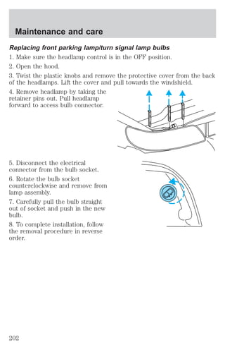 Maintenance and care 
Replacing front parking lamp/turn signal lamp bulbs 
1. Make sure the headlamp control is in the OFF position. 
2. Open the hood. 
3. Twist the plastic knobs and remove the protective cover from the back 
of the headlamps. Lift the cover and pull towards the windshield. 
4. Remove headlamp by taking the 
retainer pins out. Pull headlamp 
forward to access bulb connector. 
5. Disconnect the electrical 
connector from the bulb socket. 
6. Rotate the bulb socket 
counterclockwise and remove from 
lamp assembly. 
7. Carefully pull the bulb straight 
out of socket and push in the new 
bulb. 
8. To complete installation, follow 
the removal procedure in reverse 
order. 
202 
 