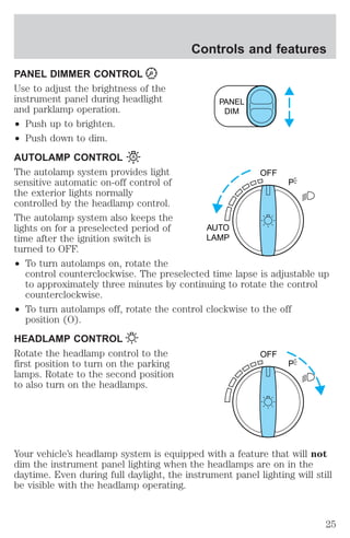 PANEL DIMMER CONTROL 
Use to adjust the brightness of the 
instrument panel during headlight 
and parklamp operation. 
² Push up to brighten. 
² Push down to dim. 
AUTOLAMP CONTROL 
The autolamp system provides light 
sensitive automatic on-off control of 
the exterior lights normally 
controlled by the headlamp control. 
The autolamp system also keeps the 
lights on for a preselected period of 
time after the ignition switch is 
turned to OFF. 
² To turn autolamps on, rotate the 
Controls and features 
PANEL 
DIM 
OFF 
AUTO 
LAMP 
P 
control counterclockwise. The preselected time lapse is adjustable up 
to approximately three minutes by continuing to rotate the control 
counterclockwise. 
² To turn autolamps off, rotate the control clockwise to the off 
position (O). 
HEADLAMP CONTROL 
Rotate the headlamp control to the 
first position to turn on the parking 
lamps. Rotate to the second position 
to also turn on the headlamps. 
OFF 
P 
Your vehicle’s headlamp system is equipped with a feature that will not 
dim the instrument panel lighting when the headlamps are on in the 
daytime. Even during full daylight, the instrument panel lighting will still 
be visible with the headlamp operating. 
25 
 