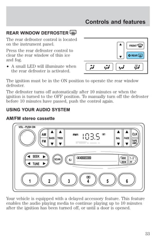 REAR WINDOW DEFROSTER 
The rear defroster control is located 
on the instrument panel. 
Press the rear defroster control to 
clear the rear window of thin ice 
and fog. 
² A small LED will illuminate when 
the rear defroster is activated. 
Controls and features 
FRONT 
REAR 
The ignition must be in the ON position to operate the rear window 
defroster. 
The defroster turns off automatically after 10 minutes or when the 
ignition is turned to the OFF position. To manually turn off the defroster 
before 10 minutes have passed, push the control again. 
USING YOUR AUDIO SYSTEM 
AM/FM stereo cassette 
FM1 ST 
BASS TREB BAL FADE 
SCAN 
SIDE 
EJ 
CLK 
TAPE 
AMS 
1 - 2 
REW FF 
VOL - PUSH ON 
SEEK 
TUNE 
AM 
FM 
1 2 3 4 5 6 
Your vehicle is equipped with a delayed accessory feature. This feature 
enables the audio playing media to continue playing up to 10 minutes 
after the ignition has been turned off, or until a door is opened. 
33 
 