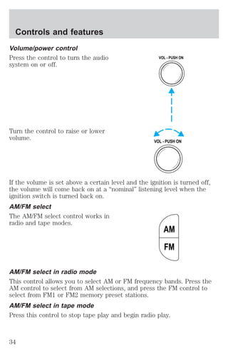 Controls and features 
Volume/power control 
Press the control to turn the audio 
system on or off. 
Turn the control to raise or lower 
volume. 
VOL - PUSH ON 
VOL - PUSH ON 
If the volume is set above a certain level and the ignition is turned off, 
the volume will come back on at a “nominal” listening level when the 
ignition switch is turned back on. 
AM/FM select 
The AM/FM select control works in 
radio and tape modes. 
AM 
FM 
AM/FM select in radio mode 
This control allows you to select AM or FM frequency bands. Press the 
AM control to select from AM selections, and press the FM control to 
select from FM1 or FM2 memory preset stations. 
AM/FM select in tape mode 
Press this control to stop tape play and begin radio play. 
34 
 