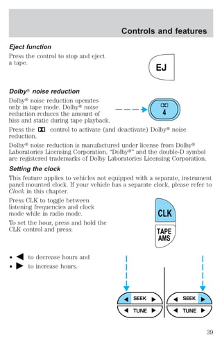 Eject function 
Press the control to stop and eject 
a tape. 
Controls and features 
DolbyT noise reduction 
Dolbyt noise reduction operates 
only in tape mode. Dolbyt noise 
reduction reduces the amount of 
hiss and static during tape playback. 
Press the control to activate (and deactivate) Dolbyt noise 
reduction. 
Dolbyt noise reduction is manufactured under license from Dolbyt 
Laboratories Licensing Corporation. “Dolbyt” and the double-D symbol 
are registered trademarks of Dolby Laboratories Licensing Corporation. 
Setting the clock 
This feature applies to vehicles not equipped with a separate, instrument 
panel mounted clock. If your vehicle has a separate clock, please refer to 
Clock in this chapter. 
Press CLK to toggle between 
listening frequencies and clock 
mode while in radio mode. 
To set the hour, press and hold the 
CLK control and press: 
² to decrease hours and 
² to increase hours. 
EJ 
4 
CLK 
TAPE 
AMS 
SEEK SEEK 
TUNE TUNE 
39 
 