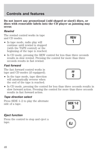 Do not insert any promotional (odd shaped or sized) discs, or 
discs with removable labels into the CD player as jamming may 
occur. 
Rewind 
The rewind control works in tape 
and CD modes. 
² In tape mode, radio play will 
continue until rewind is stopped 
(with the TAPE control) or the 
beginning of the tape is reached. 
² In CD mode, pressing the REW control for less than three seconds 
results in slow rewind. Pressing the control for more than three 
seconds results in fast rewind. 
Fast forward 
The fast forward control works in 
tape and CD modes (if equipped). 
² In the tape mode, tape direction 
will automatically reverse when 
the end of the tape is reached. 
² In CD mode, pressing the control for less than three seconds results in 
slow forward action. Pressing the control for more than three seconds 
results in fast forward action. 
Tape direction select 
Press SIDE 1–2 to play the alternate 
side of a tape. 
Eject function 
Press the control to stop and eject a 
tape. 
REW 
1 
FF 
2 
SIDE 1-2 
3 
EJ 
Controls and features 
48 
 