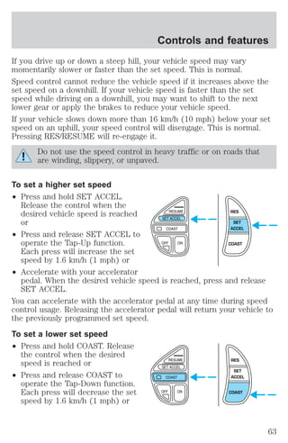 Controls and features 
If you drive up or down a steep hill, your vehicle speed may vary 
momentarily slower or faster than the set speed. This is normal. 
Speed control cannot reduce the vehicle speed if it increases above the 
set speed on a downhill. If your vehicle speed is faster than the set 
speed while driving on a downhill, you may want to shift to the next 
lower gear or apply the brakes to reduce your vehicle speed. 
If your vehicle slows down more than 16 km/h (10 mph) below your set 
speed on an uphill, your speed control will disengage. This is normal. 
Pressing RES/RESUME will re-engage it. 
Do not use the speed control in heavy traffic or on roads that 
are winding, slippery, or unpaved. 
To set a higher set speed 
² Press and hold SET ACCEL. 
Release the control when the 
desired vehicle speed is reached 
or 
² Press and release SET ACCEL to 
operate the Tap-Up function. 
Each press will increase the set 
speed by 1.6 km/h (1 mph) or 
² Accelerate with your accelerator 
pedal. When the desired vehicle speed is reached, press and release 
SET ACCEL. 
You can accelerate with the accelerator pedal at any time during speed 
control usage. Releasing the accelerator pedal will return your vehicle to 
the previously programmed set speed. 
To set a lower set speed 
² Press and hold COAST. Release 
the control when the desired 
speed is reached or 
² Press and release COAST to 
operate the Tap-Down function. 
Each press will decrease the set 
speed by 1.6 km/h (1 mph) or 
RES 
SET 
ACCEL 
COAST 
RES 
SET 
ACCEL 
COAST 
63 
 