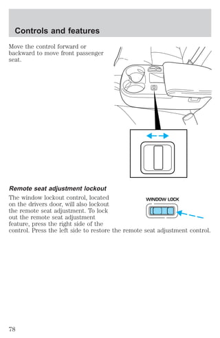 Move the control forward or 
backward to move front passenger 
seat. 
Remote seat adjustment lockout 
The window lockout control, located 
WINDOW LOCK 
on the drivers door, will also lockout 
the remote seat adjustment. To lock 
out the remote seat adjustment 
feature, press the right side of the 
control. Press the left side to restore the remote seat adjustment control. 
Controls and features 
78 
 