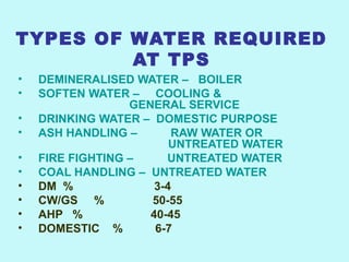 TYPES OF WATER REQUIRED
AT TPS
• DEMINERALISED WATER – BOILER
• SOFTEN WATER – COOLING &
GENERAL SERVICE
• DRINKING WATER – DOMESTIC PURPOSE
• ASH HANDLING – RAW WATER OR
UNTREATED WATER
• FIRE FIGHTING – UNTREATED WATER
• COAL HANDLING – UNTREATED WATER
• DM % 3-4
• CW/GS % 50-55
• AHP % 40-45
• DOMESTIC % 6-7
 