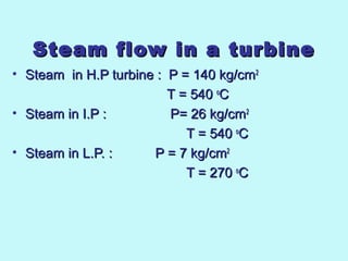 Steam flow in a turbineSteam flow in a turbine
• Steam  in H.P turbine :  P = 140 kg/cmSteam  in H.P turbine :  P = 140 kg/cm22
                                                                                  T = 540 T = 540 oo
CC
• Steam in I.P :                 P= 26 kg/cmSteam in I.P :                 P= 26 kg/cm22
T = 540 T = 540 oo
CC
• Steam in L.P. :Steam in L.P. :  P = 7 kg/cm P = 7 kg/cm22
T = 270 T = 270 oo
CC
 