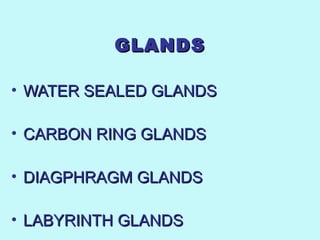 GLANDSGLANDS
• WATER SEALED GLANDSWATER SEALED GLANDS
• CARBON RING GLANDSCARBON RING GLANDS
• DIAGPHRAGM GLANDSDIAGPHRAGM GLANDS
• LABYRINTH GLANDSLABYRINTH GLANDS
 