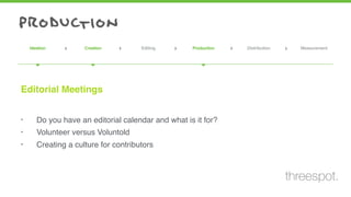 Ideation Creation Editing Production Distribution Measurement▸▸▸ ▸ ▸
▾▾ ▾
• Do you have an editorial calendar and what is it for?
• Volunteer versus Voluntold
• Creating a culture for contributors
Editorial Meetings
threespot.
 